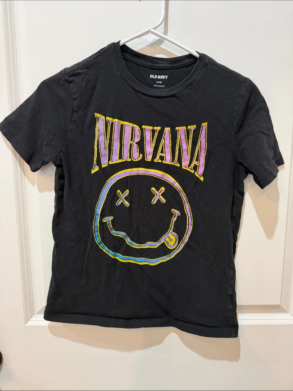 Old Navy Black Nirvana Graphic Tee with Purple & Yellow Accents